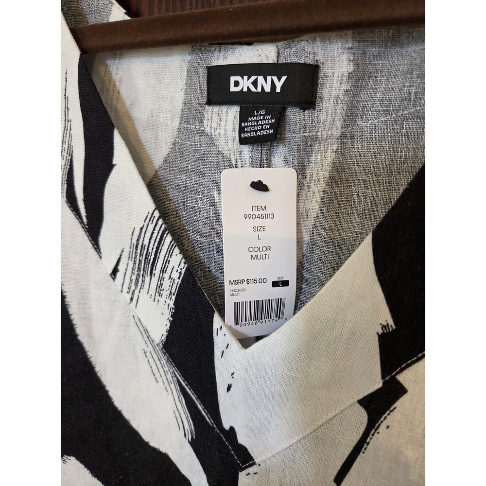 DKNY Dress Linen Blend Long Slits L Black White New With Tags Boho Beach Casual - Picture 2 of 12